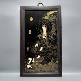 郎士宁作品红木镶瓷板画掐丝童子拜观音挂屏 高90厘米宽53厘米