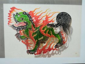 皮影静态皮影火狮子牛皮手工雕刻手工上色尺寸27×35厘米标价不包含画框