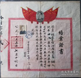 1955年河南省洛阳区中医进修班结业证书，由著名中医师兼班主任于志远签发，品相如图，有裂已拍出，优惠价出，不议价