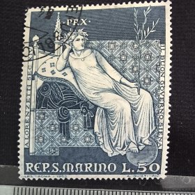 Fr16圣马力诺邮票1969年洛伦泽蒂教堂绘画公正女神 雕刻版 4-1 盖销 1枚 随机发