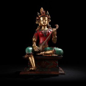旧藏西藏收纯铜工艺镶嵌宝石彩绘描金妙音天母佛像一尊 工艺精湛 造像精美 重4000克 高34厘米 宽20.5厘米