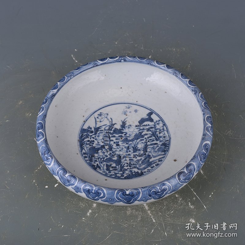 清康熙青花莲池鸳鸯纹洗 8×26厘米