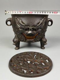 旧藏【京剧脸谱铜壶+铸铁炉】整套，全品完整，实拍如图！