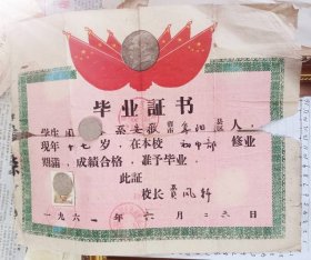 【毕业证书】：阜阳县王市初级中学（1961）