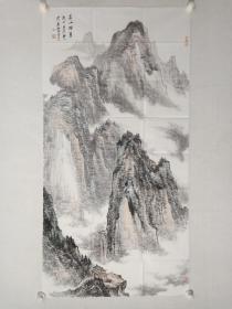 保真书画，黄宾虹画院副院长，马越强四尺整纸山水画《苍山烟翠》一幅137×69cm。