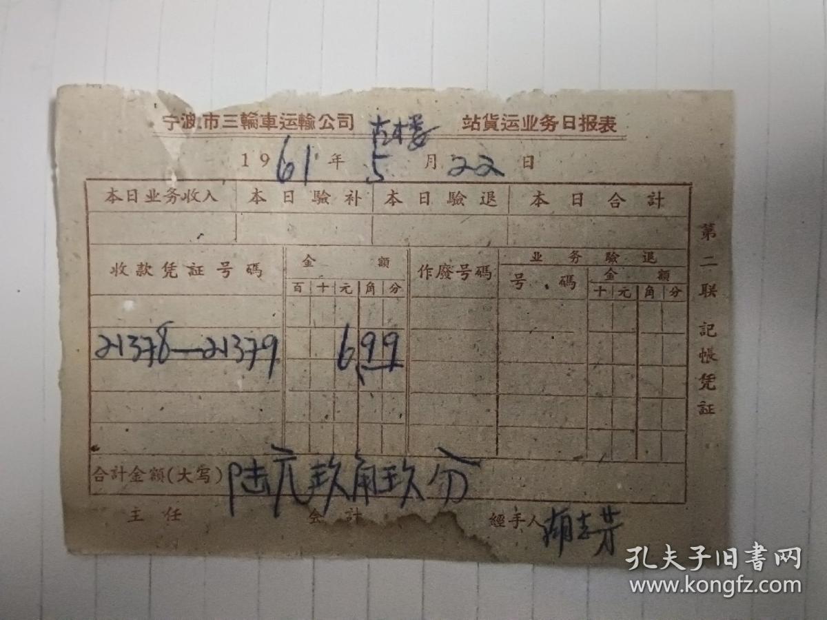 1961年宁波市三轮车运输公司业务日报表 古楼（22日6.99元）