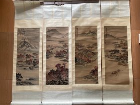 旧作老画 姑苏寒山寺精装四条屏 分别画了枫桥夜泊四句诗 绢本立轴 宋式精裱 配有画盒 一盒四幅