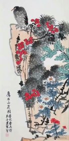【保真】《鹰石山花图》刘建军，现为中国书法家协会会员，湖南省美术家协会会员，中国工笔画学会会员。