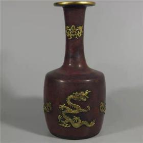 钧窑红釉刻字描金盘口瓶