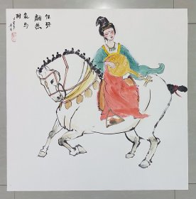 仕女图，佩环翩然策马时，写意画法，山东省美协吕秀华老师的大作，笔名东月，高考美术生导师，喜爱花鸟、人物、多次获奖，于龙啸墨影国际书画院担任管理。吕老师的纯手绘作品，假一赔万，支持第三方鉴定，吕老师的人物和马绘画非常细，很有味道。70×70公分，四尺斗方的，家里客厅，卧室，书房，茶室，玄关，餐厅都可悬挂，宣纸软片拖了个底，回家可以直接装框了！要带框的话，图上这个实木框，加100元。