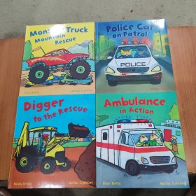 digger to the rescue+racing car is rodring +dumper truck dash+ambulance in action +fire engine is flashing +tractor saves the day +police car on patrol +monster truck mountain rescue 共7本合售