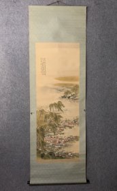 晚清纪山款，绢本，青绿山水小艇仕女采莲。大中堂。特别精美漂亮。罕见。