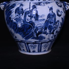 旧藏 元代青花唐太宗人物故事纹狗头罐一对 高39x38厘米