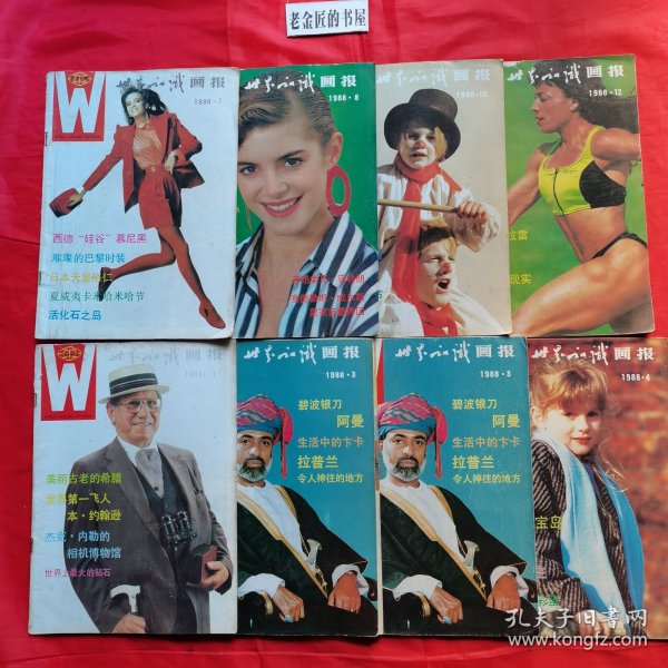 世界知识画报（1988年 第1、3x2、4、7、8、10、12期）。共计8册/合售。