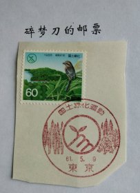 日邮·日本邮票风景戳剪片·樱花目录编号C1078 国土绿化系列-1986年 国土绿化 牛头伯劳、芦苇 1全 销“东京”昭和61年5月9日首日风景戳一枚