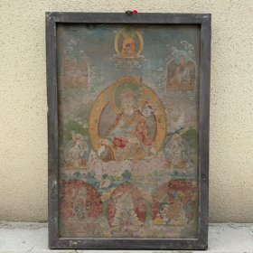 【藏传唐卡】旧藏木框织锦绣莲花生佛像唐卡