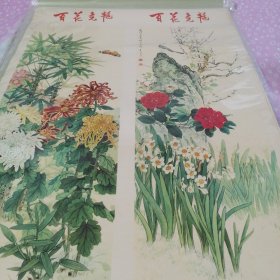 （年画）百花竞艳 （对开两张 四条屏）品好