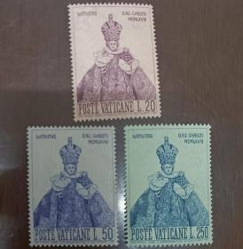 R13梵蒂冈邮票1968年 圣诞节 布拉格圣玛利教堂的贞女像 新 3全 背黄 有压痕 如图