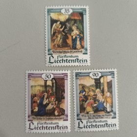 列支敦士登邮1990年 圣诞节绘画 降生三圣来朝 外国邮票 新 3全 一枚有压痕，如图