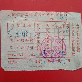 1976年2月25日，医药费收据，大同矿务局忻州窑矿（生日票据，大同票据2，医疗医院类，28-2）