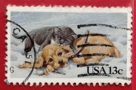 美国邮票 1982年 圣诞节 小狗小猫 1全信销