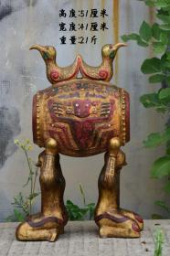 出土铜鎏金彩绘双人抬鼓摆件，造型独特，器型规整精致，造型独特，做工精湛，品相完美