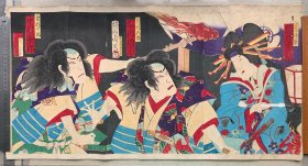 明治十四年，曾我兄弟复仇，浮世绘原刻版画，三联画，右边有大块粘贴、虫洞