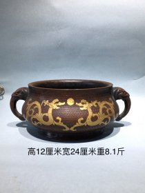 收藏珍品，买家自鉴！大明宣德三年监督工部官臣吴邦佐造，紫铜鎏金二龙戏珠兽头耳香炉！