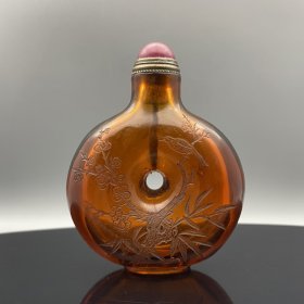 旧藏 琉璃手工雕刻 阴刻 花鸟双面工艺鼻烟壶