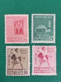 意大利邮票 1944年 普票 商廊 罗马的圣洛伦佐大教堂 鼓手 4全新 有背贴