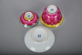雍正款官窑瓷器珐琅彩荷花盖碗一对私人藏品珍品好物养眼收藏