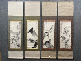 古筆山水图四条屏【儿玉果亭】 1841 - 1913（天保十二~大正二）73岁名道弘， 字士毅，号果亭、果堂、默契、果生、果翁、迂果，别号果道 人、澹澹斋、竹仙居、竹仙山房、默契神会草堂、江山无边闲 房、会神草堂。信州（今长野县）人。先后从师前田鸭堂、佐 久间云悬、田能村直入。喜游历，通禅学,工山水、花鸟，尤 擅长画佛像。早年代表作品《花鸟图》、《青绿山水》均在 1885年的绘画共进会展中获银奖。