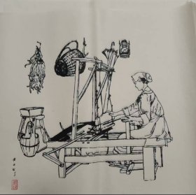 黄永玉木板版画，织布女