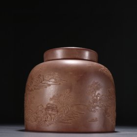 杨季初款 紫砂山水图盖罐