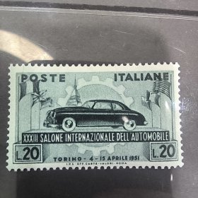 LD107意大利邮票1951年4月2日第33届国际汽车展在都灵举行 都灵地表姐建筑-安东内利尖塔前 齿轮 旗帜 外国邮票 新 1全