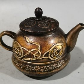 【108元包邮】纯铜鎏金茶壶，招财进宝壶老式功夫茶壶，铜雕茶壶