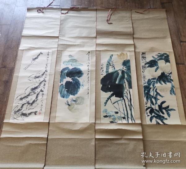 齐白石先生国画六条屏 此作品应为五六十年代水印作品，老装老裱！