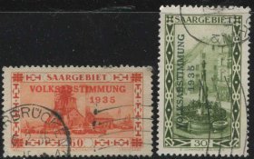 GR03德国邮票 萨尔地区 1935年  加盖萨尔公投 2枚信销 DD