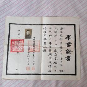 毕业证书：1951年河北省昌黎师范学校毕业证书，（孔网孤本保真）。