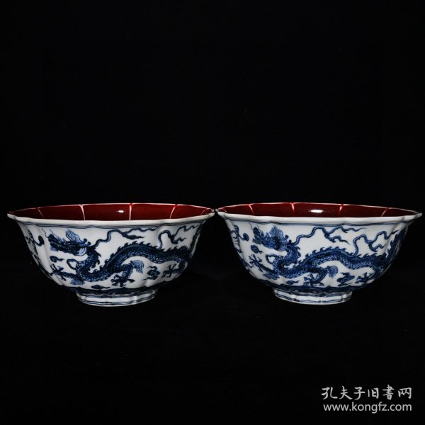 明宣德青花祭红龙纹瓜棱碗尺寸10*23.5厘米