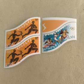 FR4法国2004 雅典奥运会 体育竞技 异形外国邮票 新 2全（一枚重复的联票，共三枚，如图）