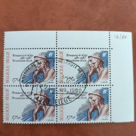 ox0110 外国邮票 比利时邮票 1980年 列日选侯公园1000周年 雕塑 散票 3-2 盖销 右上直角边四方联 （有上角边纸有字迹）
