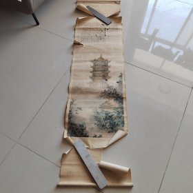天下名楼四条屏（二）黄鹤楼，规格140*37CM。天杆地轴均分离，有撕裂，有墨痕等瑕疵。