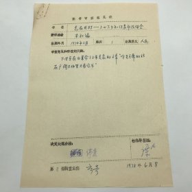 时任人民出版社副总编，出版家谭吐，1978年签字，因有“朱克家文章”，决定【停售】1974年出版的《志在农村——上山下乡知识青年谈体会》一书图书审查意见表一件（七十年代图书审查文献）