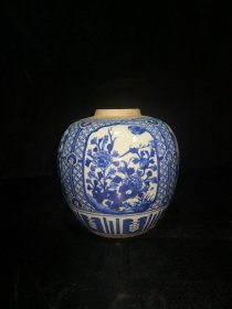 清～老胎青花开窗花鸟罐一个，尺寸如图