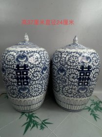 老青花冬瓜罐一对，全美品，画工精细，瓷质一流，