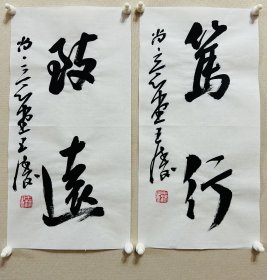 王涛，中国书协会员，湖北省书协创作研究员，湖北书法院特聘创作员，监利书协副主席，荆南印社副社长。 作品入展： 全国第九、十、十二、十三届全国书法篆刻展， 第五，六届全国新人新作展， 一、三届全国草书大展， 全国二、三届青年书法篆刻展， 全国一、二届赵孟頫奖书法展， 全国首届小品书法展… 《笃行、致远》，小品两幅。保真，来自作者。17x34cm x 2，宣纸，未裱， d7249。