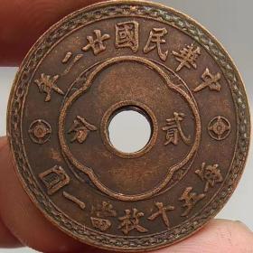 铜元中孔贰分中华民国二十二年每五十枚当壹元 古铜 币铜板，