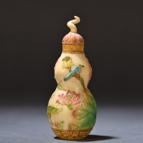 清代 老雕质加彩“一品清廉”葫芦形盖瓶
