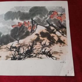 8开六七十年代前后老画片(印刷品)：《荷塘烟波》李苦禅作